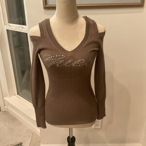 Guess Brown Off-the-Shoulder Sweater with Rhinestones